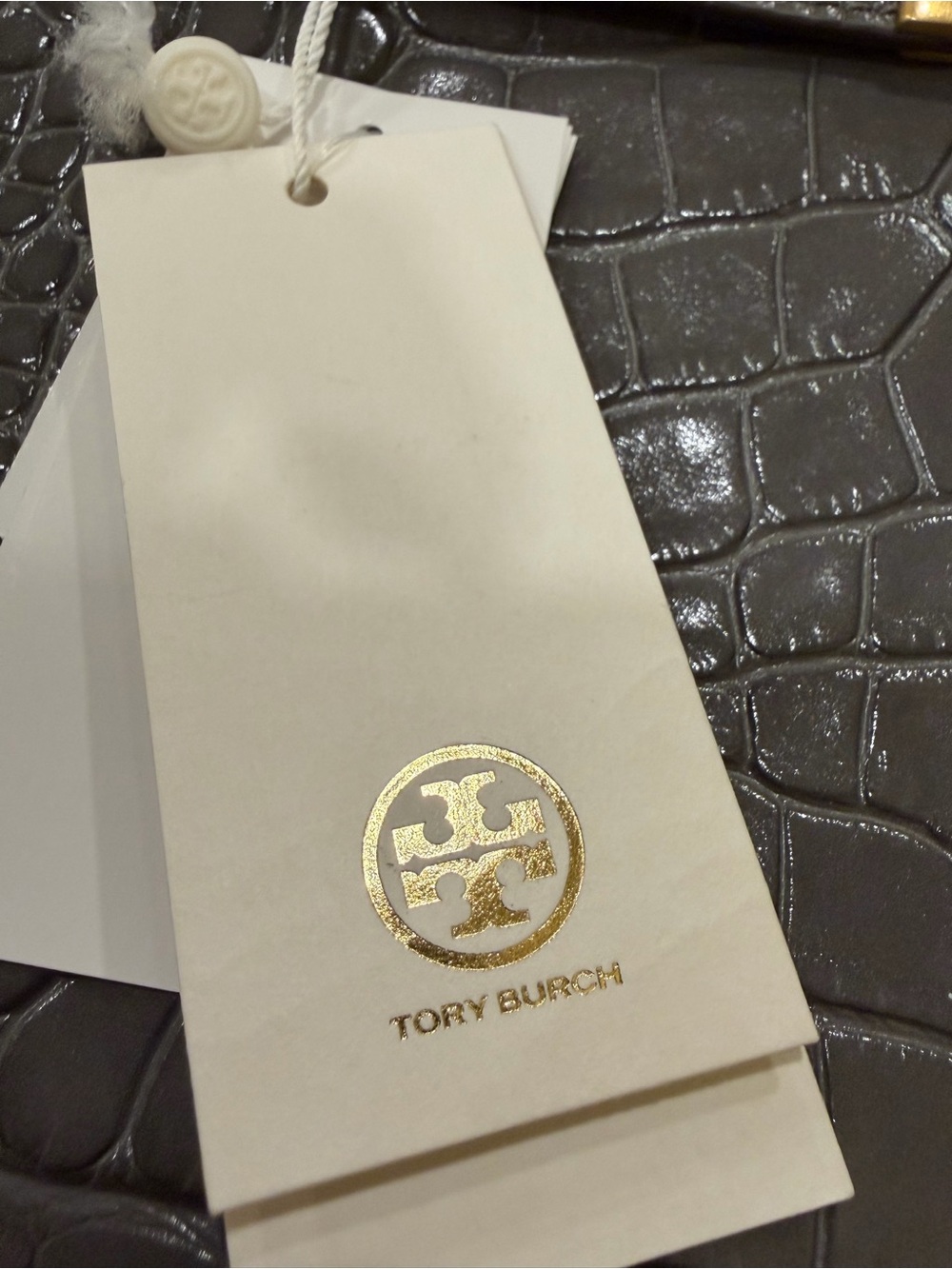 NWT Tory Burch Lee Radziwill Croc-Embossed Leather 2 Way Bag in Mineral Gray - Picture 15 of 16